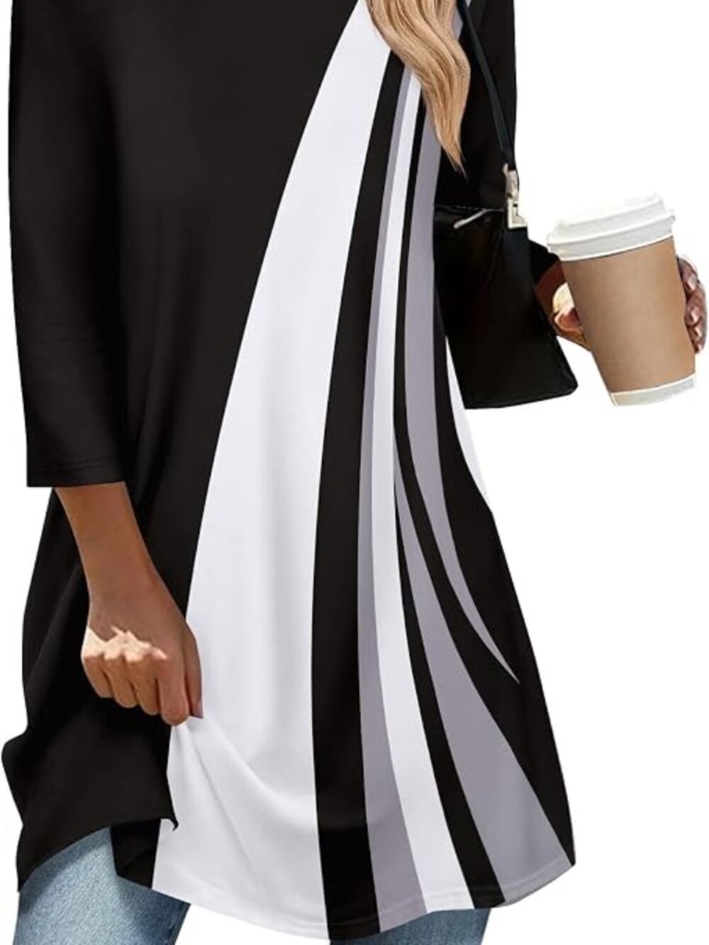3/4 Length Sleeve Blk/Wht V-Neck Womens Dressy Casual Tunic Sz.3XL LNC